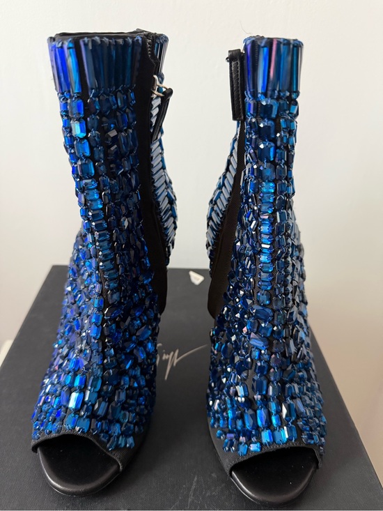 Giuseppe Zanotti Shoes - Giuseppe Zanotti Blue Crystal-Embellished Peep-Toe Heeled Boots size 40 NWT